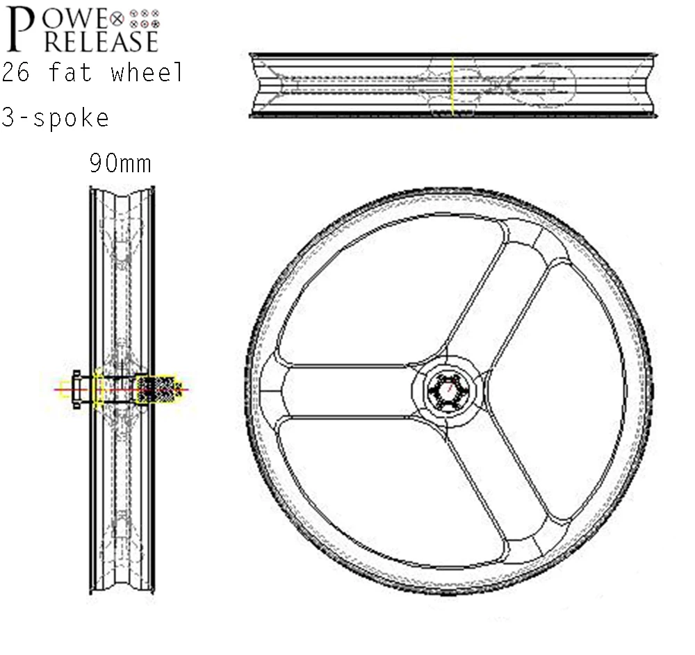 Powerelease 26 fat bike 3 Спицы 90 мм Ширина Углеродные колеса Снежная велосипедная пара колес 2" обод 26er три спицы заднее бескамерное колесо