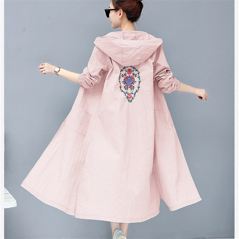 Женская Солнцезащитная одежда с капюшоном длинный свободный кардиган вышивкой