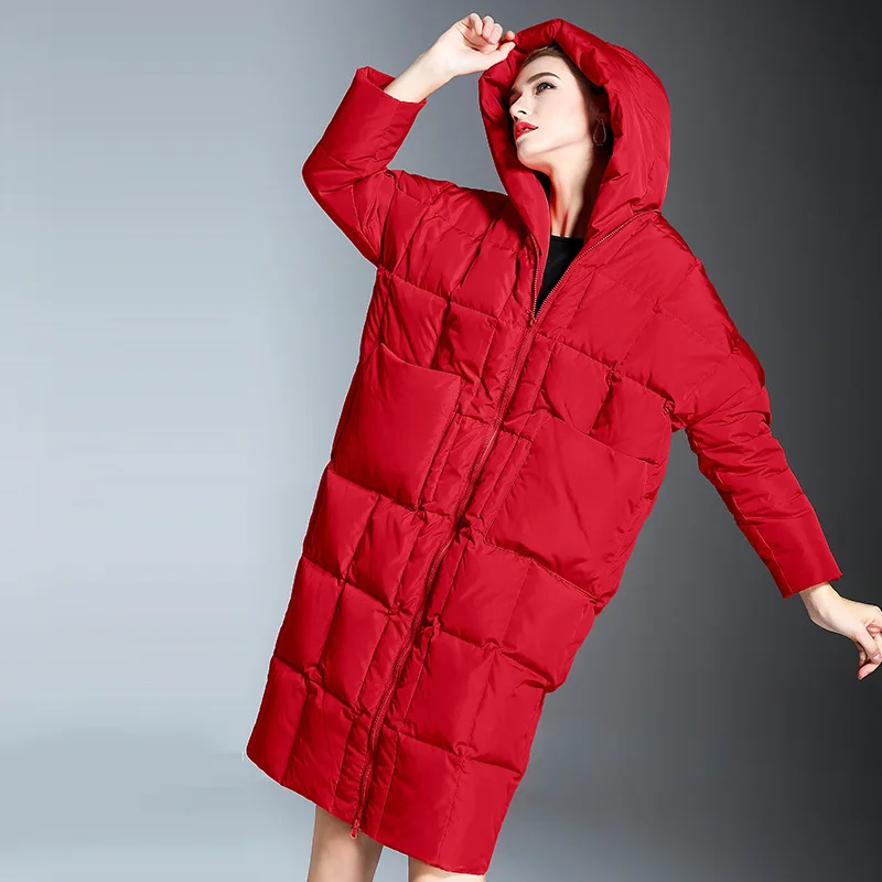 Winter women's fashion down coat hooded 90% white duck light jacket thicken over-knee length woman W78006 | Женская одежда