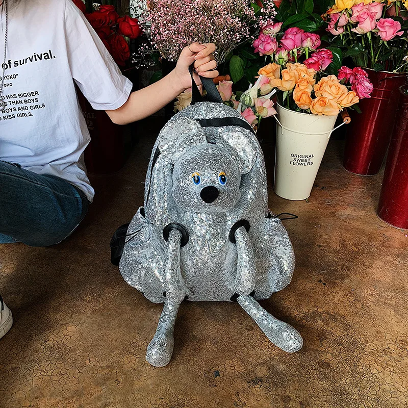 Модная рюкзак для мальчиков и девочек с двумя плечами, украшенный пайетками и изображениями мультяшных животных - медведя и единорога, оригинальный дизайн.