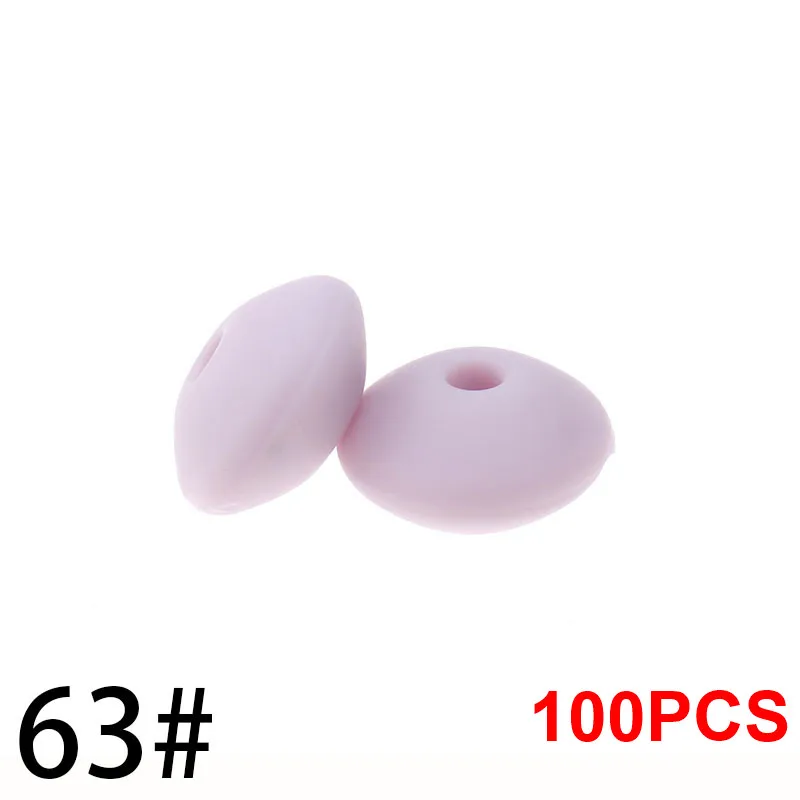 63 Lilac Purple 12 мм, 100 шт, детский прорезыватель, жемчужные силиконовые бусины, чечевица, BPA бесплатно, для детей, прорезыватель, ожерелье, браслет, сделай сам, очаровательные игрушки для кормления, уход - Цвет: 63 Lilac Purple