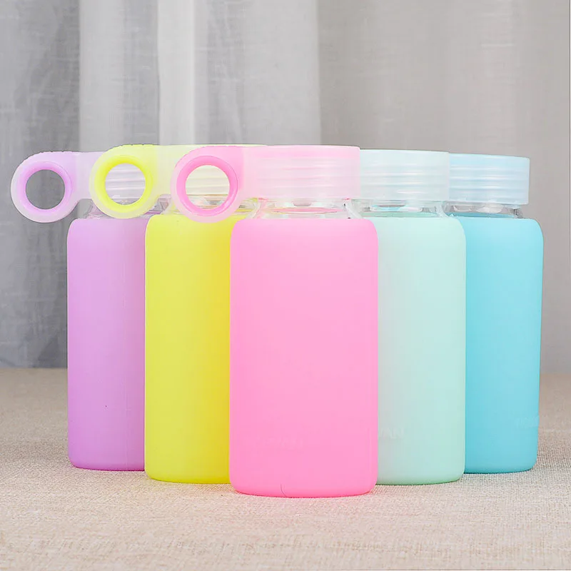 Цветная Милая стеклянная бутылка для воды с силиконовым чехлом и ручкой