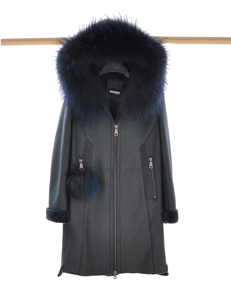 New Arrival Real Sheepskin Lady Coat With Fox Fur Collar With Long Sleeve Zipper Elegent Style Thick Warm Fur - Color: Navy Blue