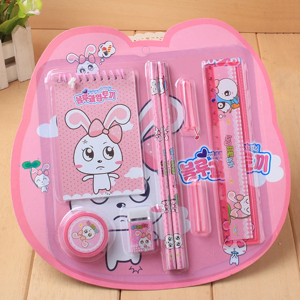 8 шт./компл. мультяшный синий розовый набор канцелярских принадлежностей для