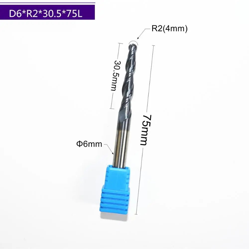 Концевая фреза HRC55 твердосплавная D6 * R2 30 5 75L с покрытием TiALN конусная сферическая