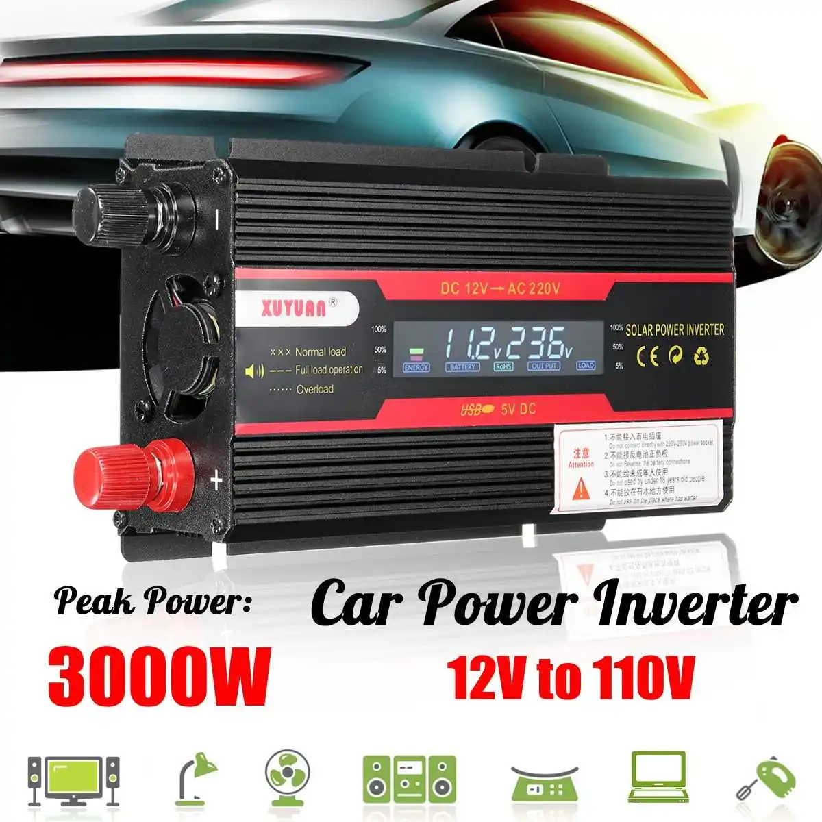 Модифицированная синусоида преобразователь KROAK 3000W Мощность инвертор ЖК-дисплей Дисплей DC 12 V/24 V к переменному току 110 V/220 V для грузовых автомобилей