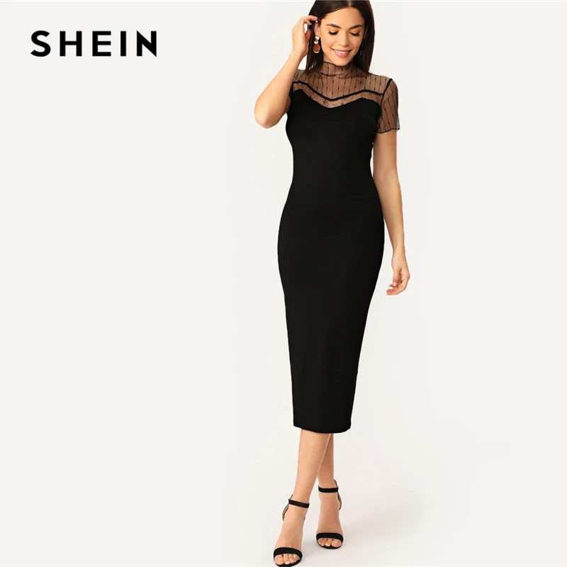 SHEIN черное Полосатое Сетчатое платье-карандаш с хомутом, прямое однотонное платье, женское Повседневное платье, летнее женское облегающее платье со стоячим воротником