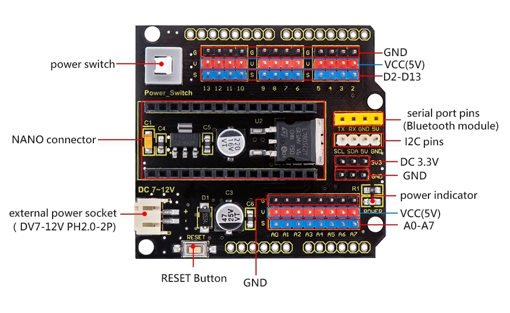 Плата нано щит Keyestudio с выключателем питания для Arduino NANO|Аксессуары