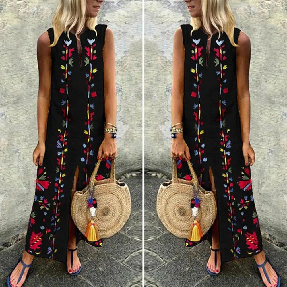 2019 для женщин с цветочным принтом DressSummer сексуальное платье без рукавов Вечерние
