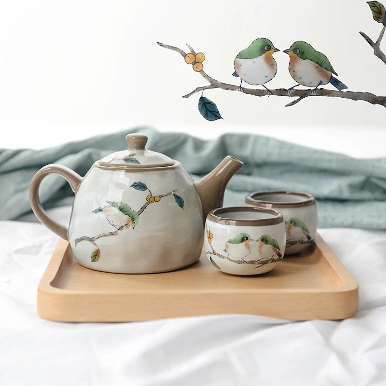 Фото Чайный набор в японском стиле милый чайный с вышитыми птицами Набор чашек для