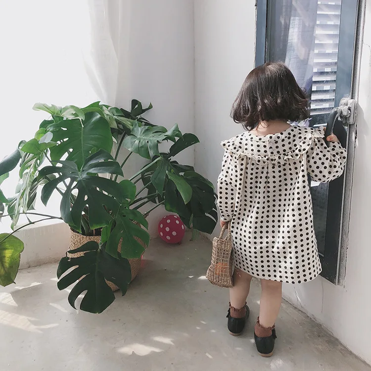 Весенние хлопковые льняные платья в горошек с длинными рукавами для маленьких