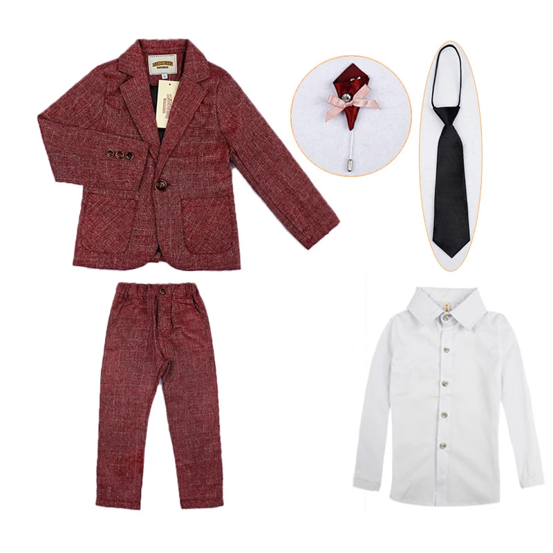 red 3pcs Комплекты свадебного костюма с цветочным принтом для мальчиков Детский Блейзер и штаны, рубашка комплекты одежды из 3 предметов детское платье для сцены, костюм - Цвет: red 3pcs