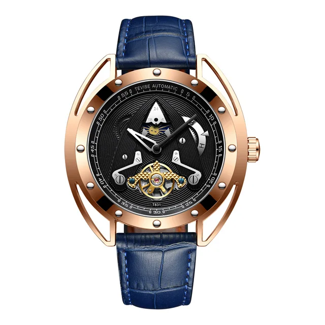 BU GLD BK Мужские автоматические механические часы TEVISE Роскошные спортивные Moon phase Tourbillon модные повседневные кожаные новые часы Relogio Masculino - Цвет: BU GLD BK