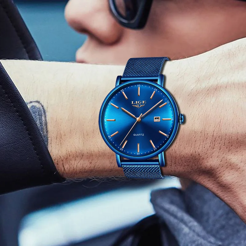 

LIGE Mens Watches Top Brand Luxury Sport Watch Ultrathin Mesh Casual Waterproof Quartz Watch Men Blue Clock Relogio Masculino