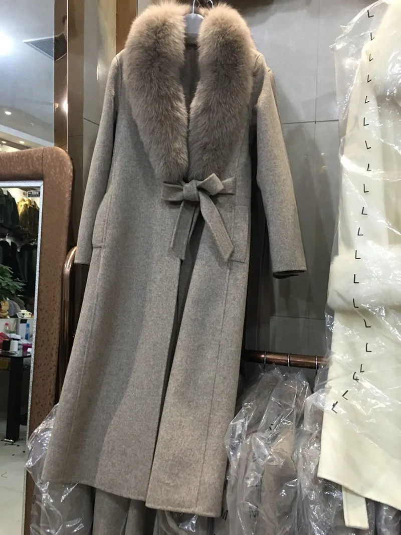 khaki as picture Весна и осень новое кашемировое пальто с воротником из натурального Лисьего меха Женская Длинная шерстяная модная верхняя одежда приталенная женская одежда - Цвет: khaki as picture