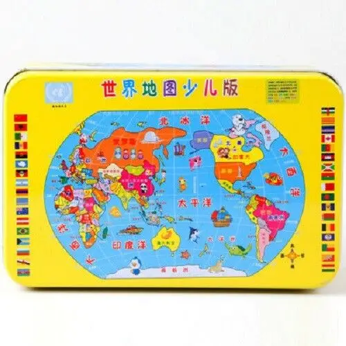 World-Map-60pcs Монтессори деревянная настольная игра-головоломка штук с металлической коробкой 60/100/200 шт. Juguetes IQ образования детей 3 лет с принтом Бэтмена из мультфильма животное - Цвет: World-Map-60pcs