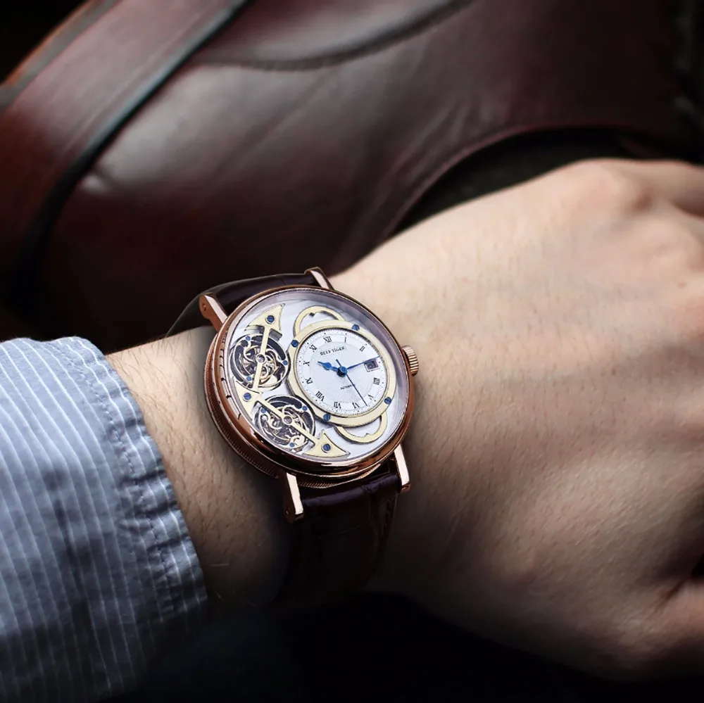 Брендовые Роскошные модные часы Reef Tiger/RT с кожаным ремешком механические