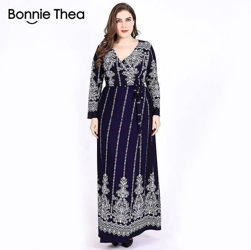 Bonnie Thea, женское платье макси размера плюс, XL-6XL, осень, зима, элегантное, винтажное, большой размер, вечерние платья, длинные платья, одежда - Цвет: Тёмно-синий