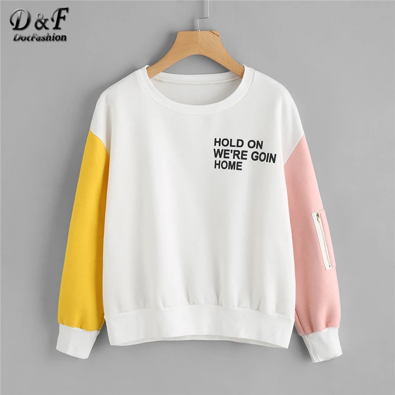 Dotfashion/толстовка с буквенным принтом на молнии с контрастными рукавами и надписью; осенний Женский пуловер с длинными рукавами; Весенний разноцветный Топ