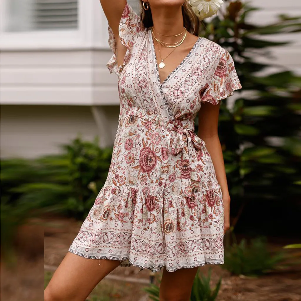 Womens Sexy Casual High Waist Bohemia Print V Neck National Style Midi Dress W612 | Женская одежда