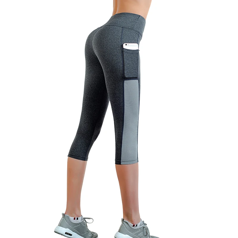 Женские Ptachwork Mesh 3/4 укороченные брюки с карманами Капри Леггинсы для бега
