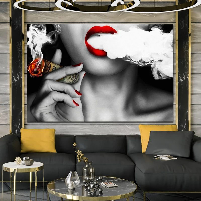 Modern Abstract Portrait Posters and Prints Wall Art Canvas Painting Women Smoke Money Oil on the Creative Decor | Дом и сад