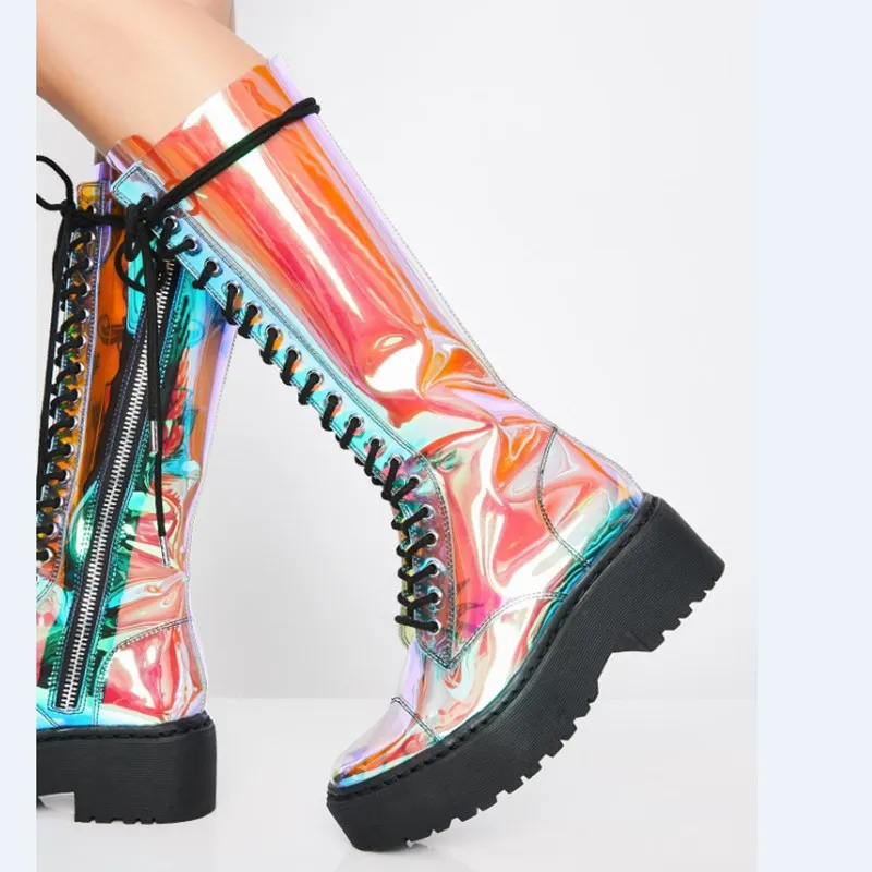 

2019 new fashion flat-bottom illusion PVC lace-up boots women's catwalk banquet women's shoes