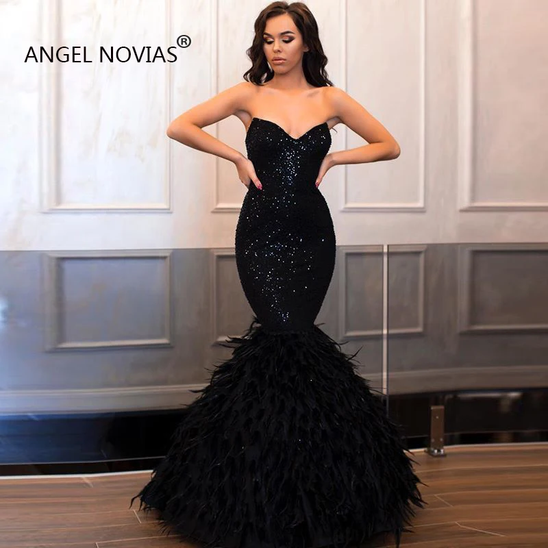 Angel Novias длинные женские элегантные черные кружевные Длинные вечерние платья без рукавов платье с перьями Vestidos De Noche