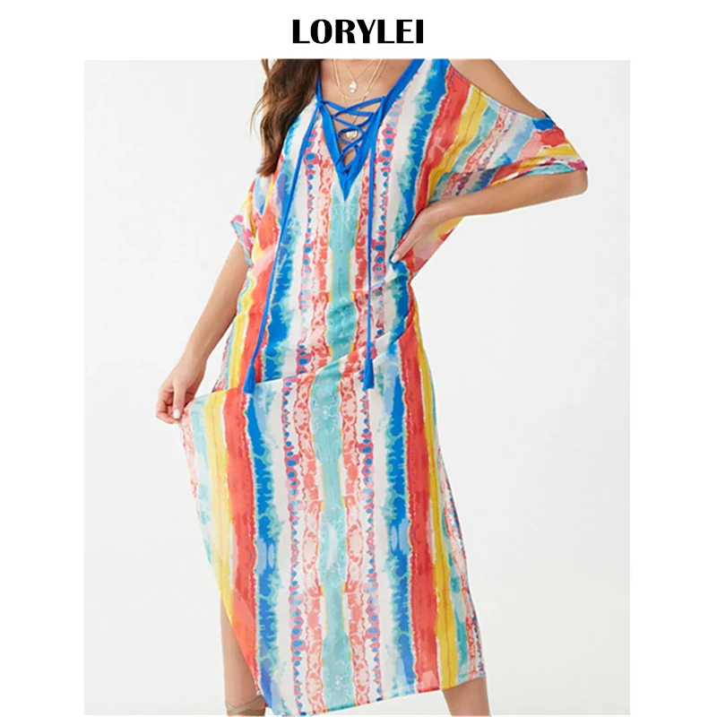 Женское пляжное платье с v образным вырезом открытыми плечами Боковым Разрезом