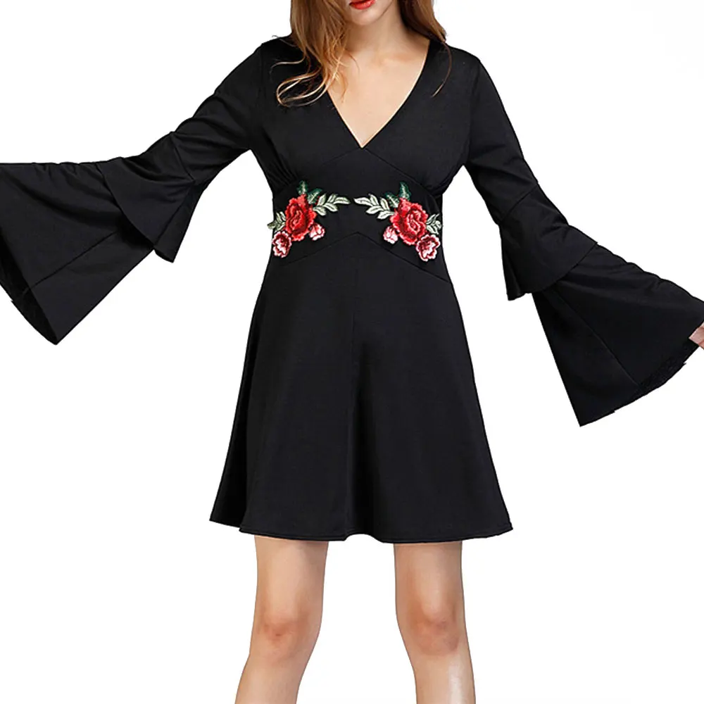 Для женщин Мода лето-осень платье длинными расклешенными рукавами одноцветное