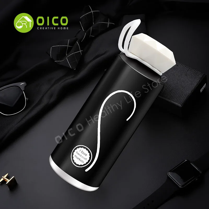 OICO 300ml New Design Simple Black And White Glass Water Bottle With Diamond Shape Cover Plastic Handle For Office/Home Use | Дом и сад