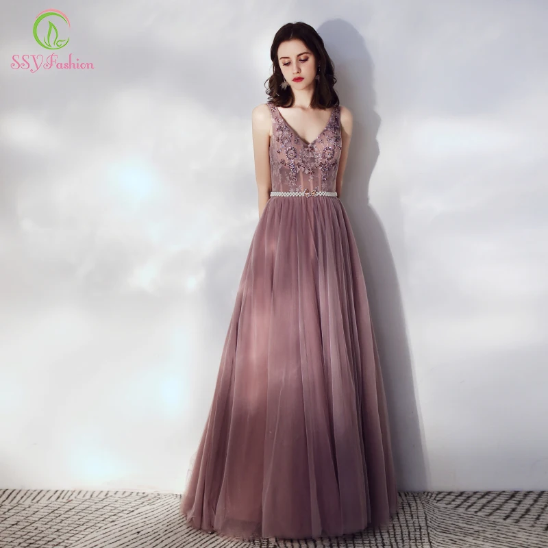 Женское кружевное платье SSYFashion элегантное фиолетовое в пол с V образным вырезом и