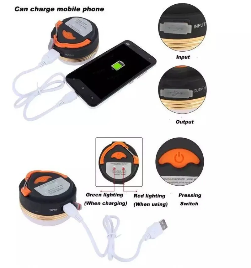 Tinhofire аварийный USB свет Перезаряжаемый USB фонарь для лагеря 300LM водостойкая лампа USB 5V-1A 1800 мА-ч Банк зарядное устройство для мобильного телефона