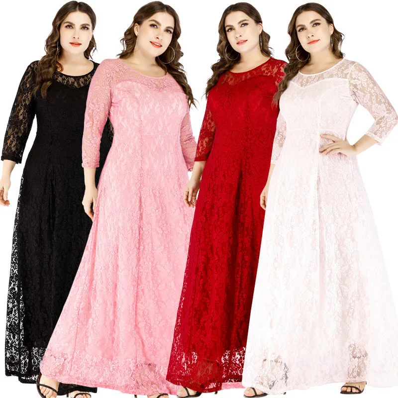 Большие размеры, XL-6XL, летнее кружевное платье, женские вечерние платья макси, женские элегантные длинные платья с круглым вырезом, Vestidos G85