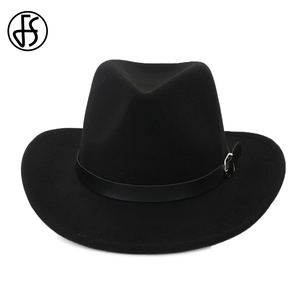 

FS Fashion Wool Fedora Hats For Men Women Winter Trilby Felt Hat Vintage Curling Brim Cowboy Cap With Leather Belt Bonnet Homme