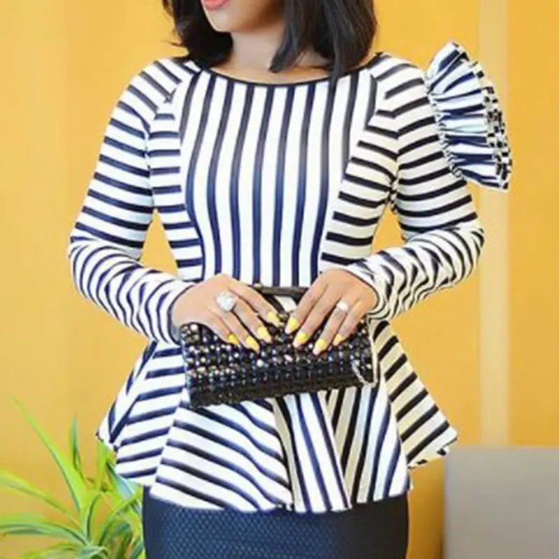 Полосатая блузка с длинным рукавом женские топы в стиле пэчворк 3D цветком