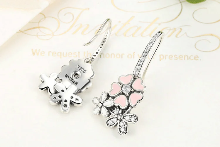 Bamoer стерлингового серебра 925 розовый цветок поэтический ромашка вишни серьги с жемчугом назад ювелирные изделия sce016