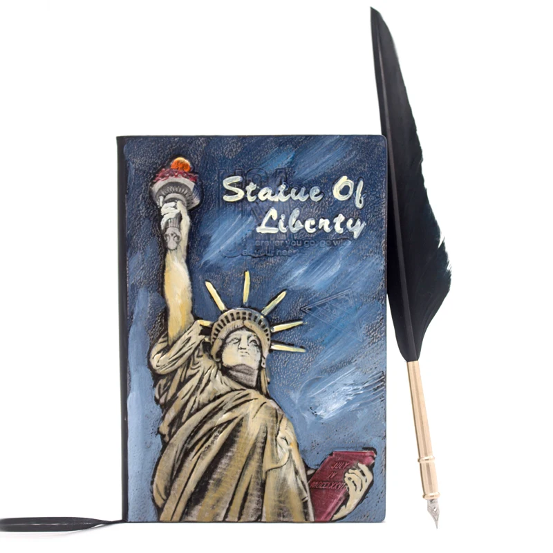Liberty, Creative  Gift, Hand-painted Embossed Vintage  Notebook with Quill  Pen, Feather Pen
