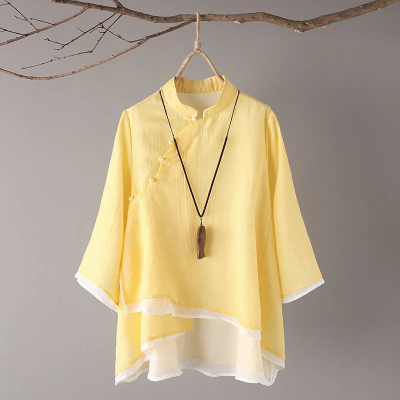 Женская винтажная блузка из хлопка двухслойная однотонная Асимметричная