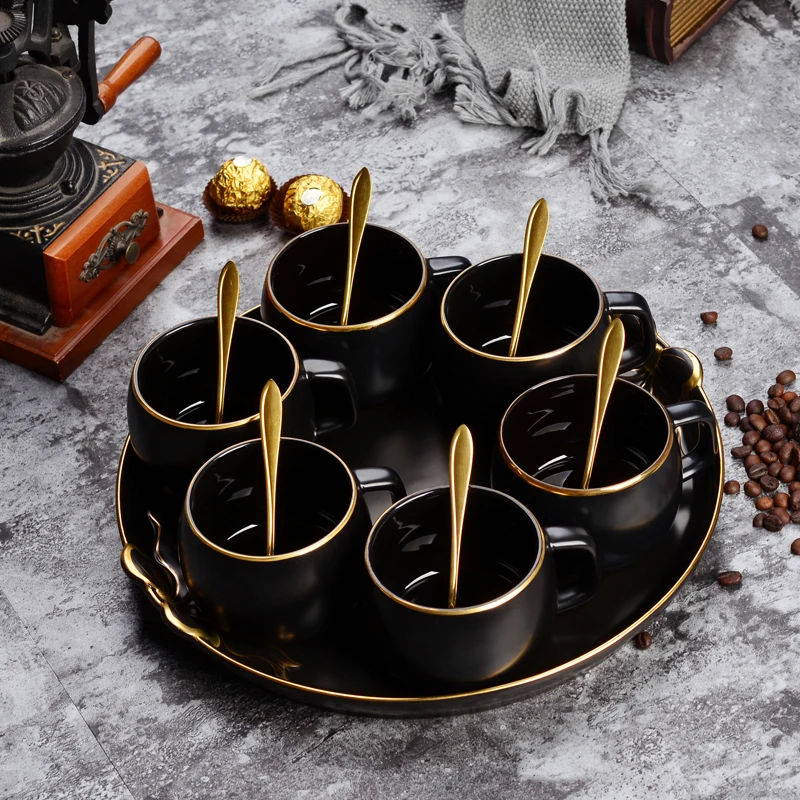 Tray with 6 cups Скандинавский простой набор кофейных чашек, набор чайников, английский послеобеденный чай, золотой керамический стеклянный цветочный чайник с поддоном, свеча - Цвет: Tray with 6 cups