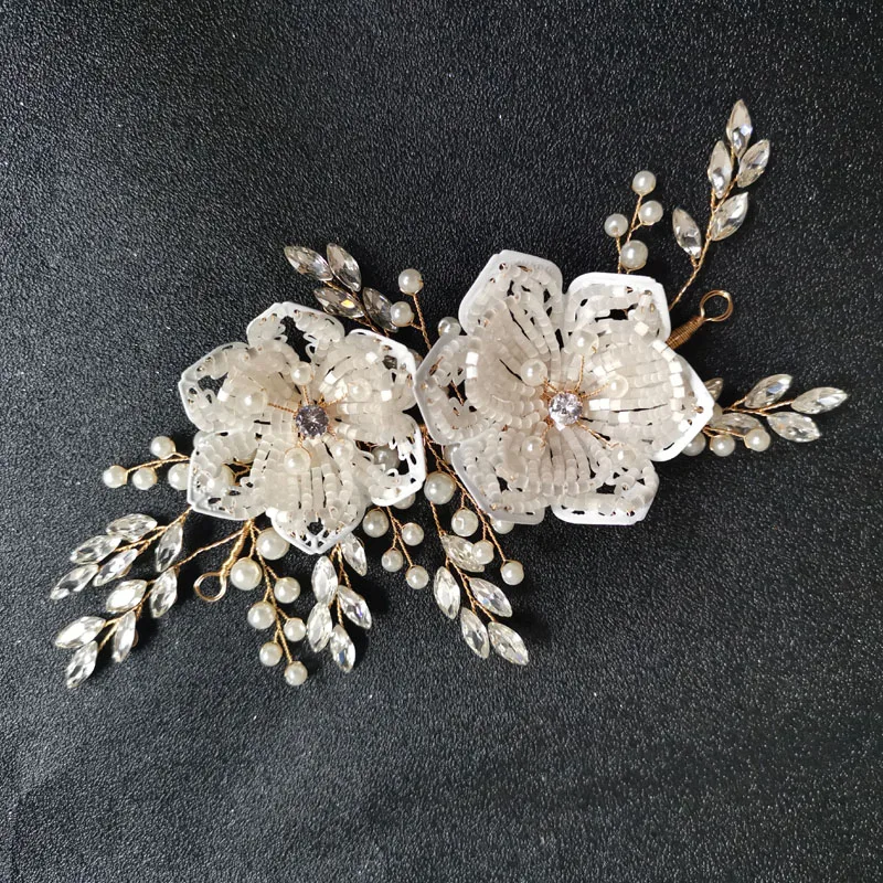 

SLBRIDAL Handmade Golden Rhinestones Crystal Pearls Floral Bridal Wedding Headpieces Headband Hair accessories Women Jewelry