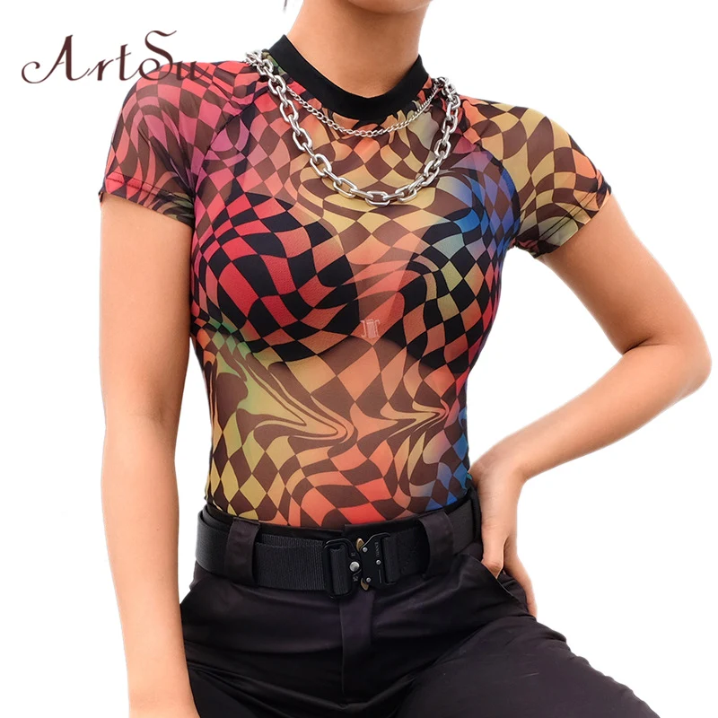 ArtSu Women Sexy Bodysuit Streetwear Colorful Plaid See-Through Chiffon Bodycon Female Catsuit Body Romper Bodysuits ASJU41091 | Женская