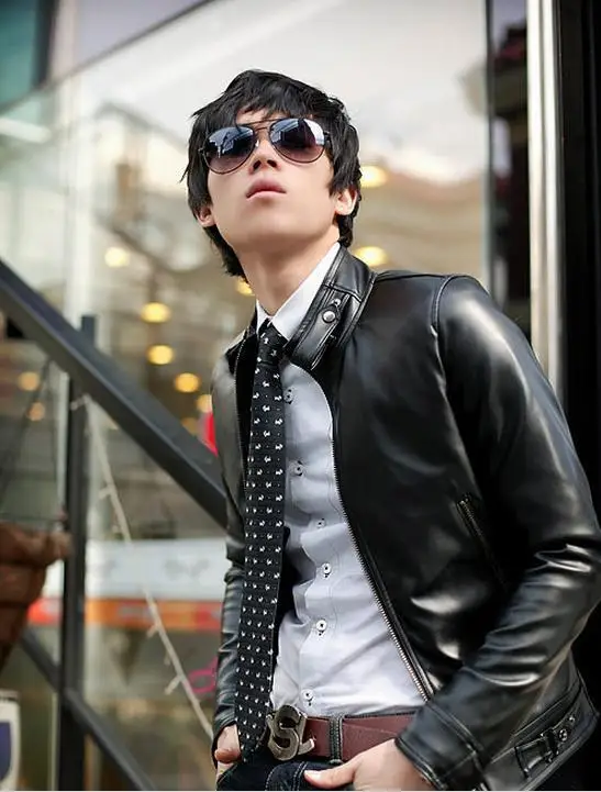 New Men's Spring And Autumn Clothing Slim Oblique Zipper Motorcycle pu Leather Outerwear Male Short Design Jacket #562950 | Мужская