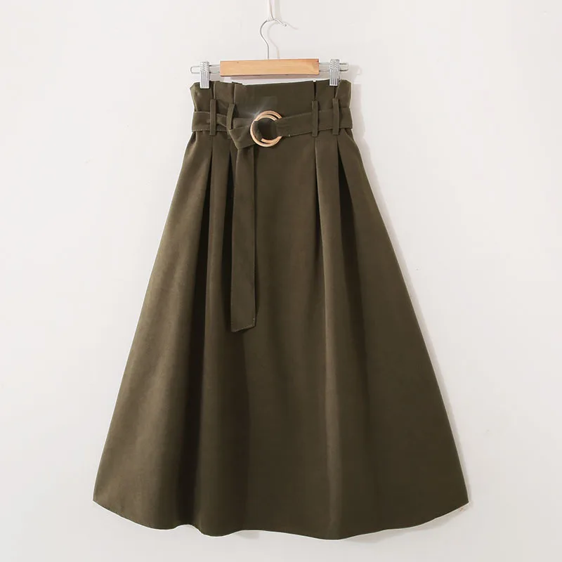 Ring Belt Suede PEONFLY, элегантные миди длинные юбки для женщин, Осень-зима, корейские замшевые юбки из бархата, Женская плиссированная синяя юбка трапециевидной формы с высокой талией - Цвет: Ring Belt Suede