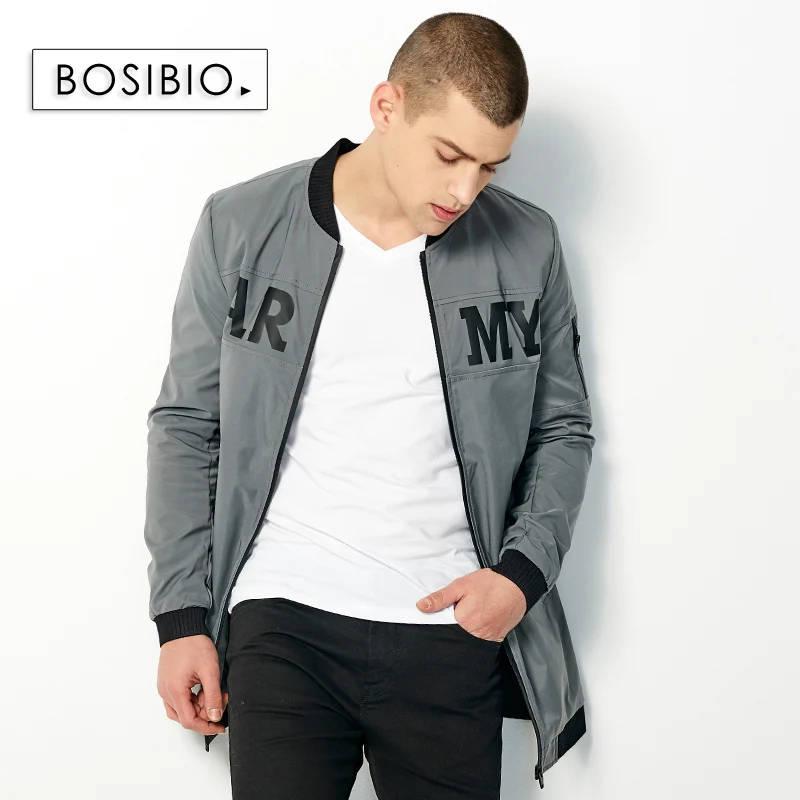 Gray BOSIBIO, мужской осенний Тренч, серый, приталенный, длинная куртка, пальто, модное, мужское, стоячий воротник, тонкое пальто, высокое качество, 99083 - Цвет: Gray