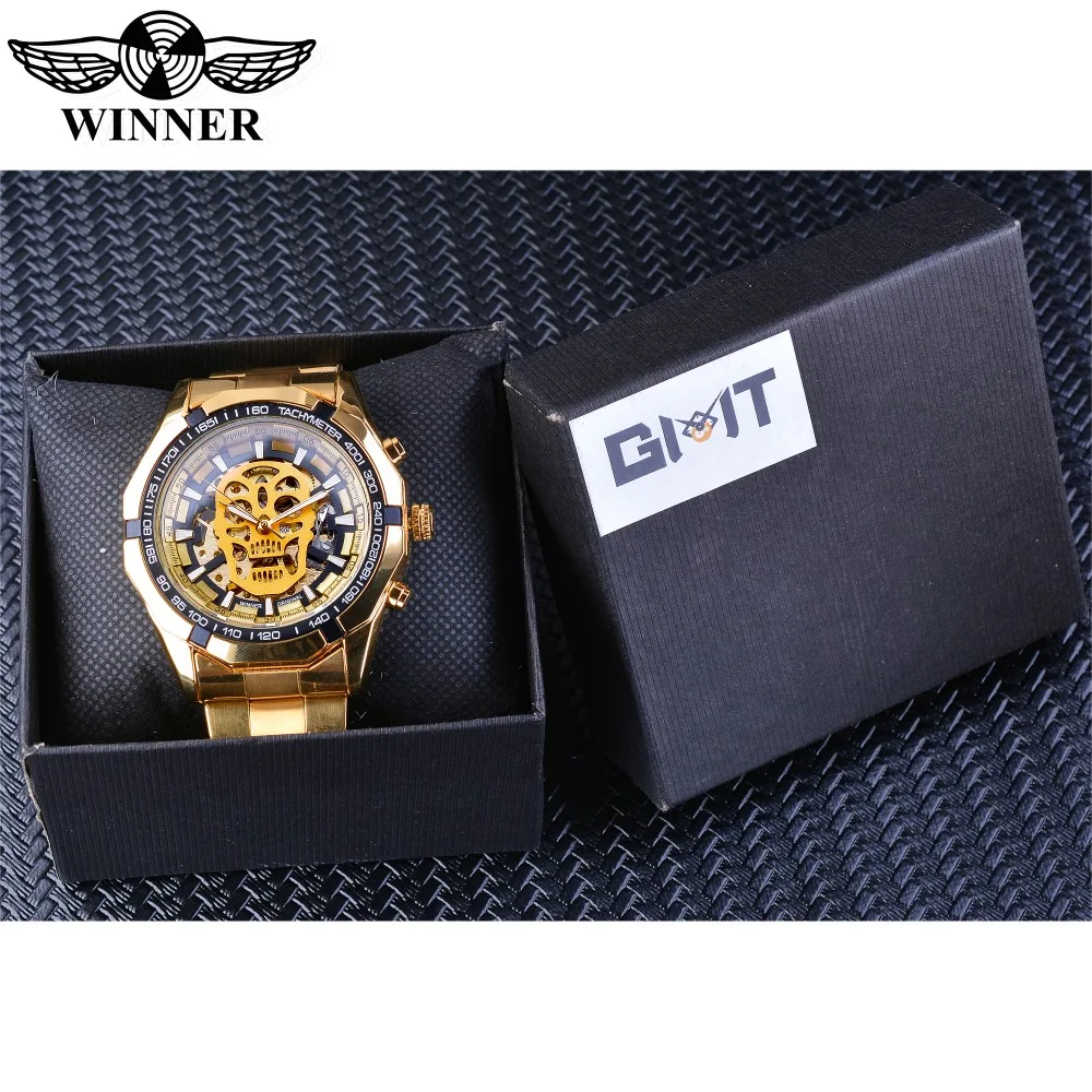 

Winner Brand Golden Stainless Steel Skull Steampunk Transparent Mechanical Men Automatic Skeleton Wrist Watches Top Brand Luxury