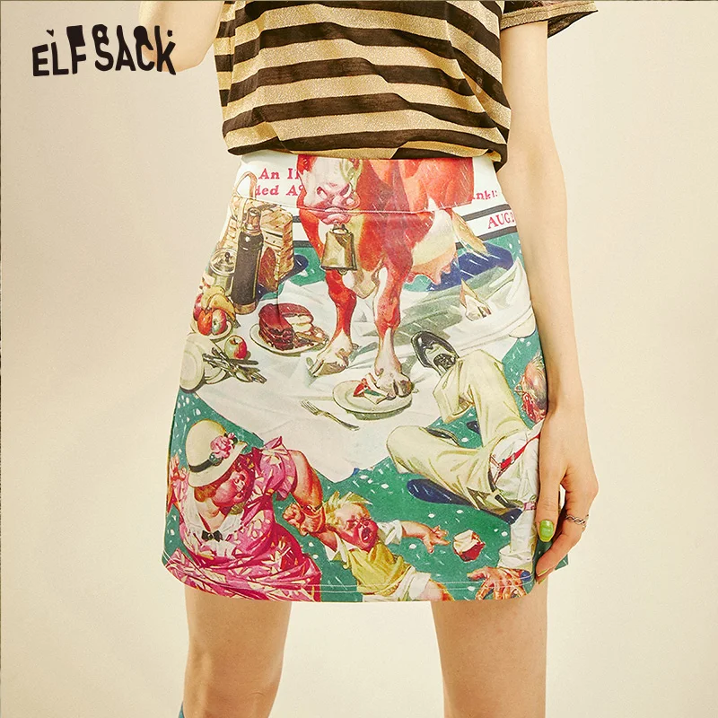 ELFSACK Vintage Cartoon Print Women Skirts Fashion A-Line Mid Waist Female Skirt Summer Streetwear Casual Femme Bottoms