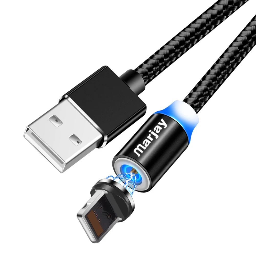 Магнитный зарядный кабель Marjay, 1 м, кабель Micro USB для iPhone XR XS Max X, магнитное зарядное устройство, usb type C, светодиодный кабель для зарядки - Цвет: black