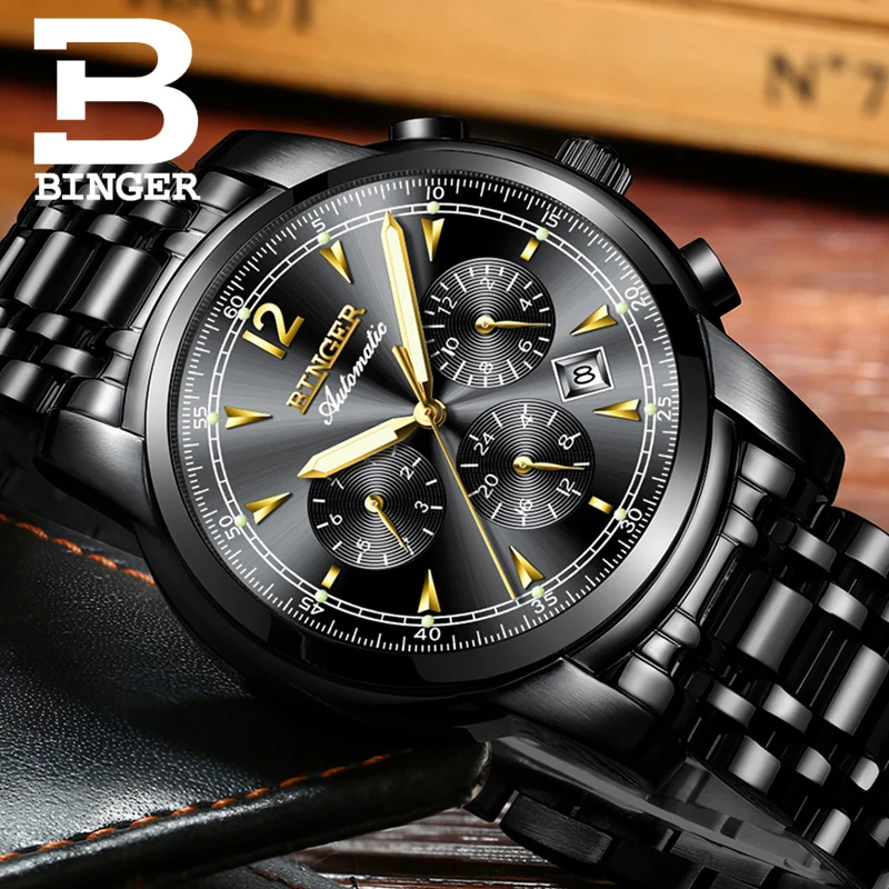 Montre homme Switzerland BINGER модные автоматические часы для мужчин 24 с календарем неделя