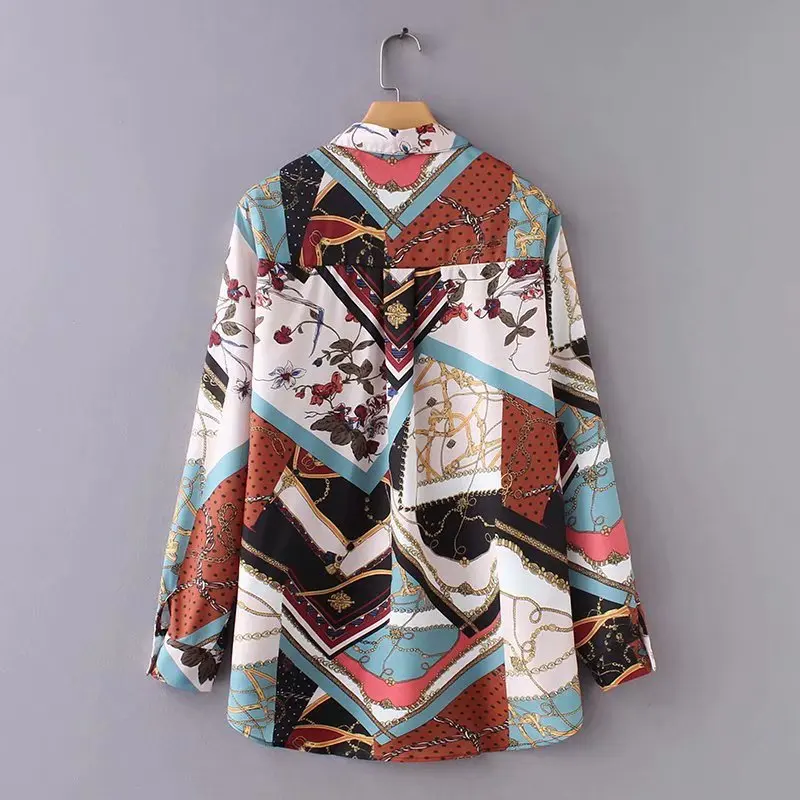 women vintage chain patchwork print smock Shirt blouses business casual femininas blusas long sleeve retro tops |